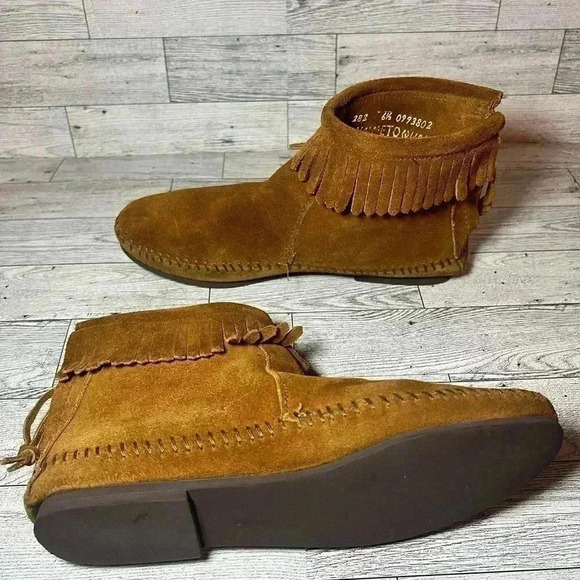 Minnetonka Moccasin Brown Suede leather Fringe Booties womens 6.5 boho babe - Picture 7 of 8